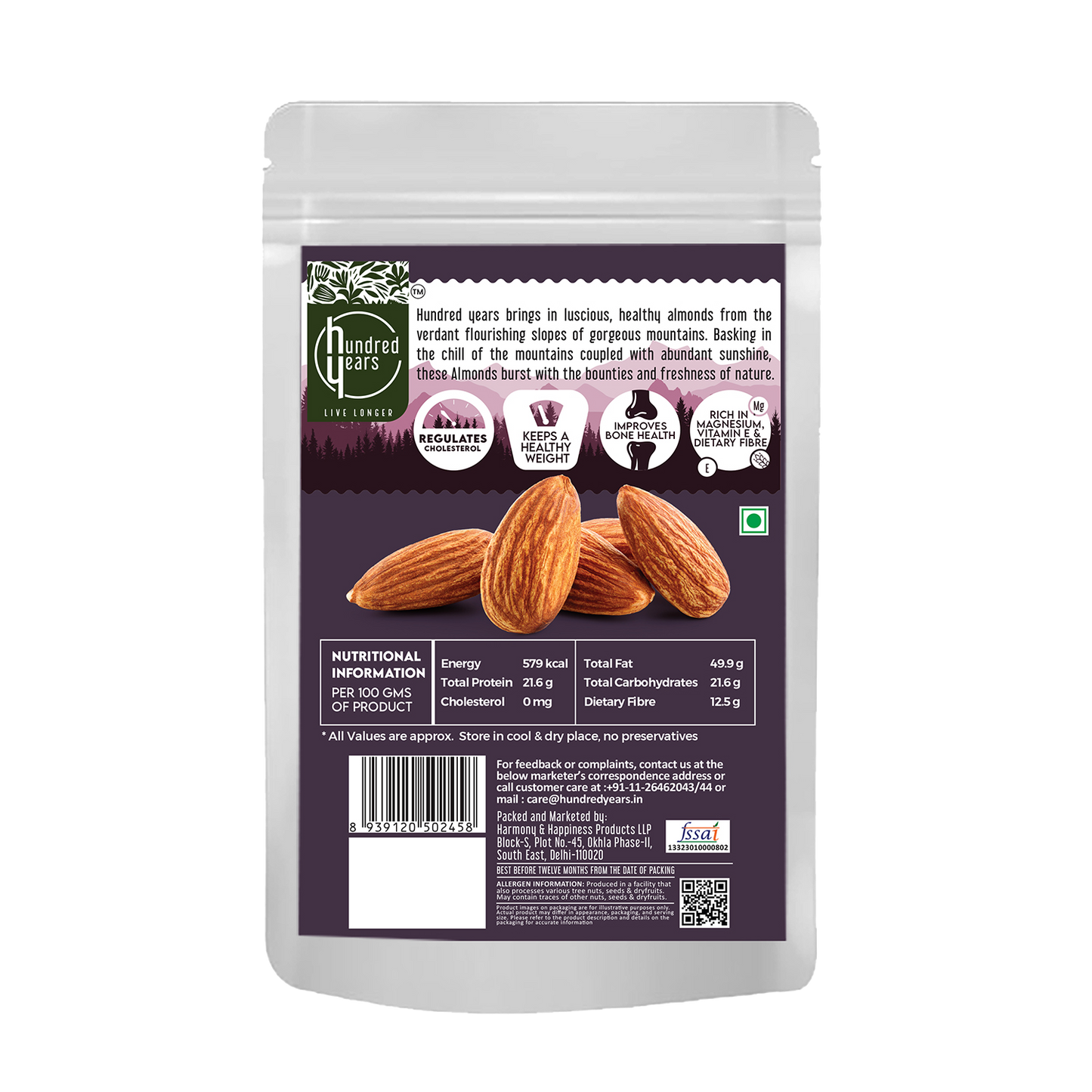 HundredYears 100% Natural Premium California Almonds | 200gm Pack | Superfood for Energy, Gut Health, and Vitality