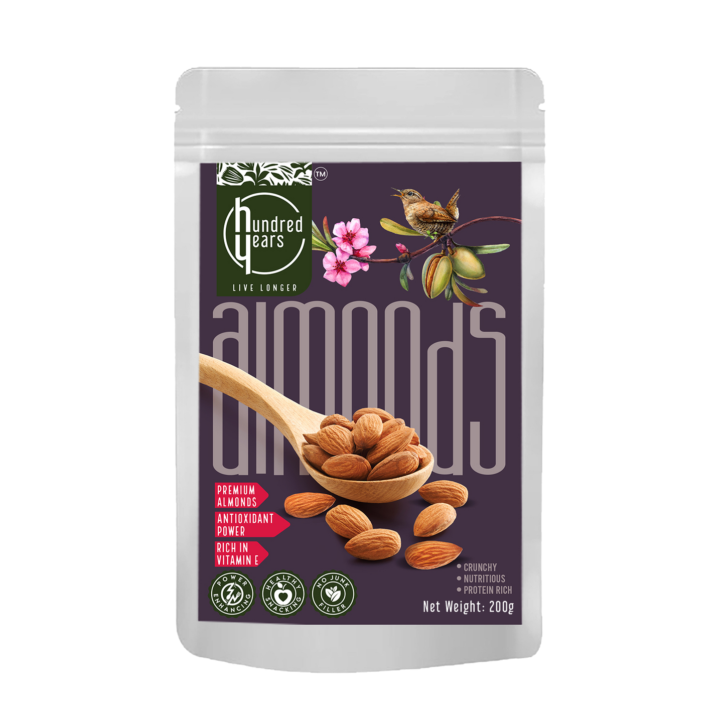 HundredYears 100% Natural Premium California Almonds | 200gm Pack | Superfood for Energy, Gut Health, and Vitality