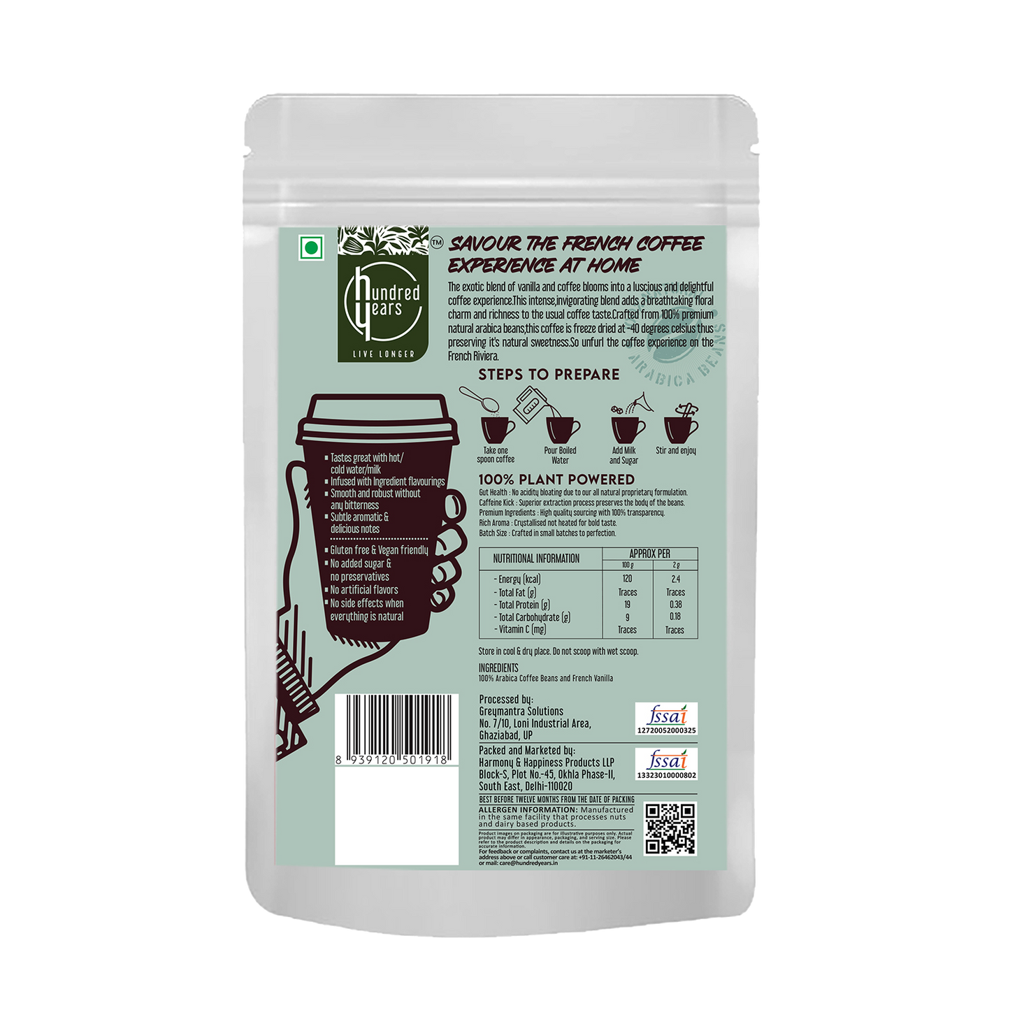 HundredYears French Vanilla Premium Instant Coffee | 100% Arabica | 100 Gms | Ultra-Premium Lifestyle Coffee for the Trendy Generation