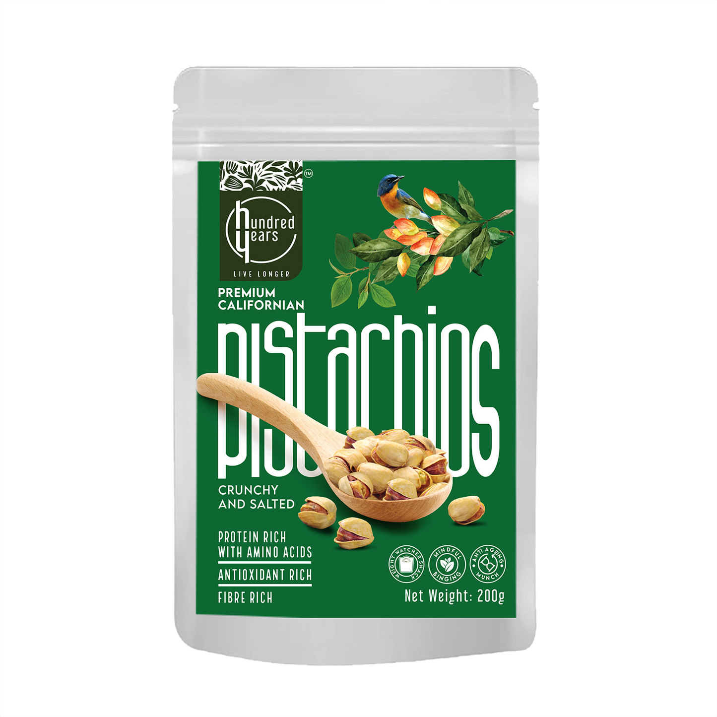 HundredYears Premium Roasted & Salted Pistachios 200gm | The Nutritious, Super Crunchy Superfood Snack