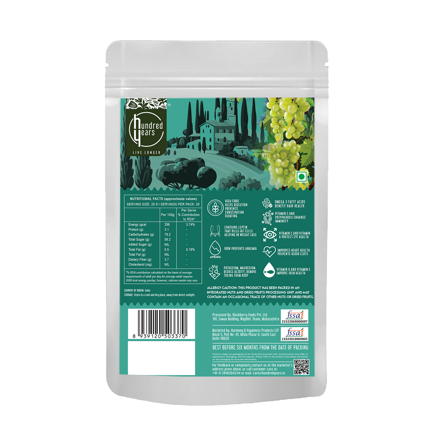 HundredYears Premium Raisins 250g | Seedless Kishmish | A Superfood for Health and Vitality