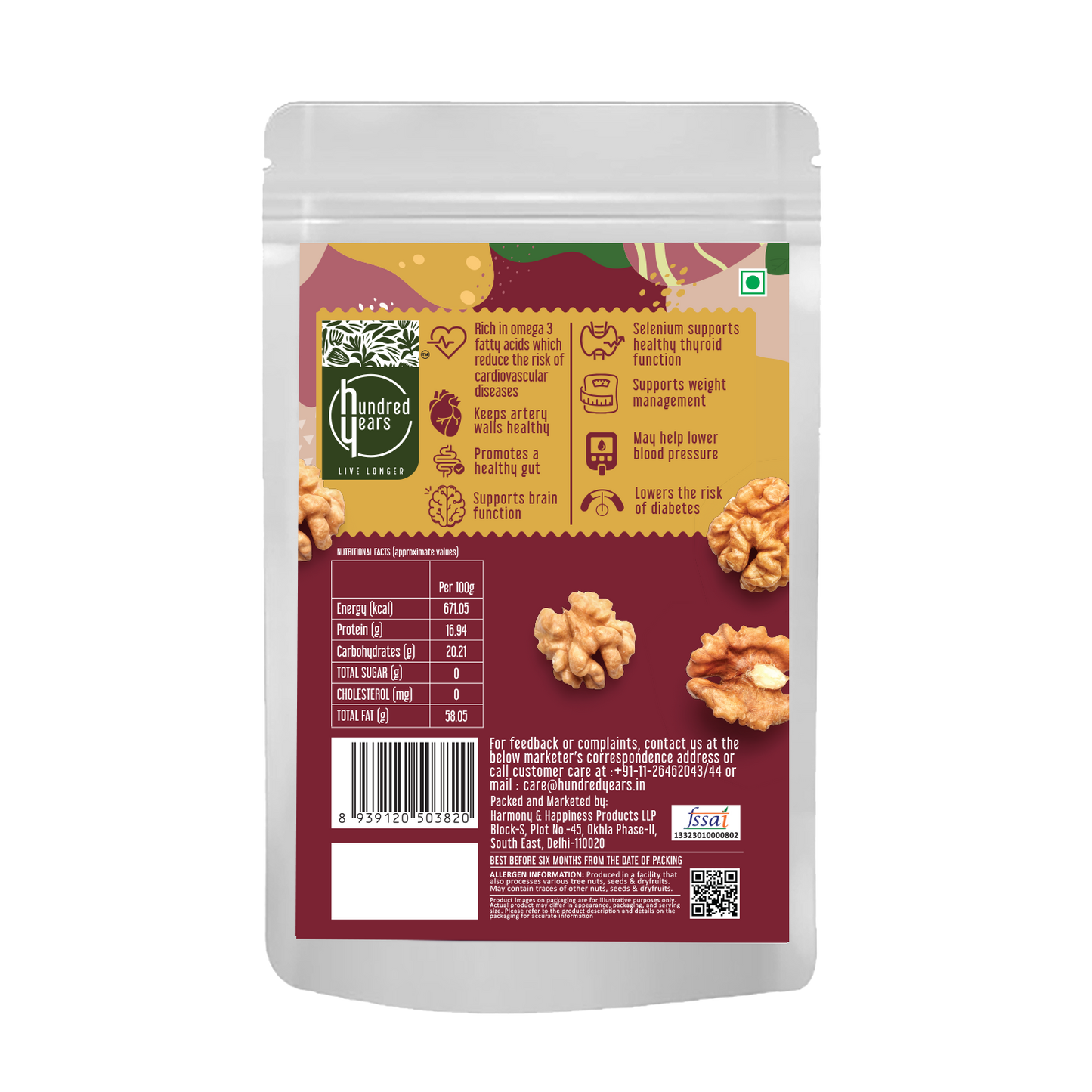 HundredYears Premium Chilean Walnuts | 100% Natural | 200gms | A Superfood for Brain Health, Heart Wellness & Everyday Vitality