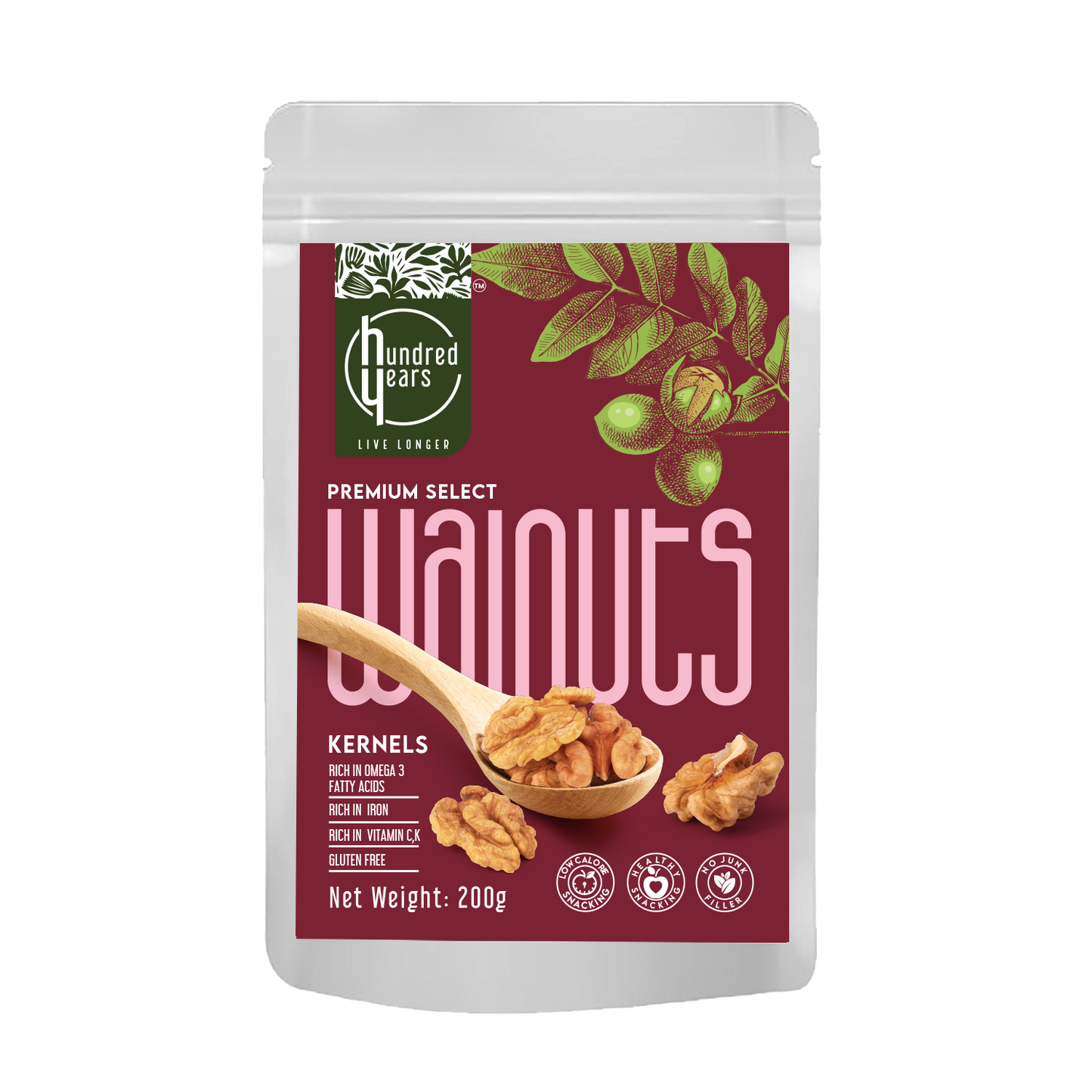 HundredYears Premium Chilean Walnuts | 100% Natural | 200gms | A Superfood for Brain Health, Heart Wellness & Everyday Vitality