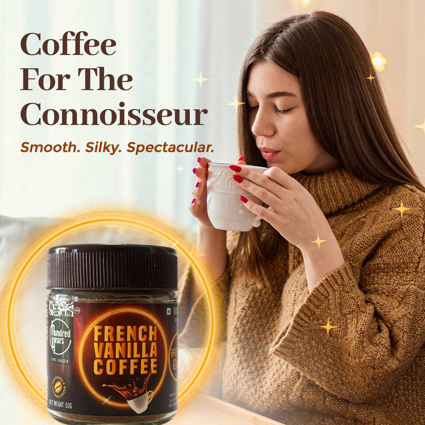 HundredYears French Vanilla Premium Gold Instant Coffee 50 gm | 100% Arabica | Makes 20 Cups