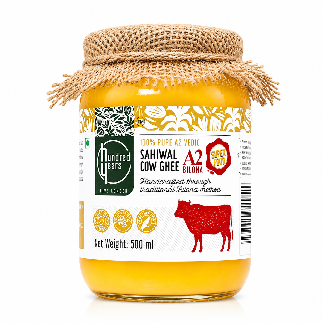 HundredYears A2 Sahiwal Cow Ghee | Grass-Fed, Bilona Churned, Golden Goodness | The Ultimate Health Superfood