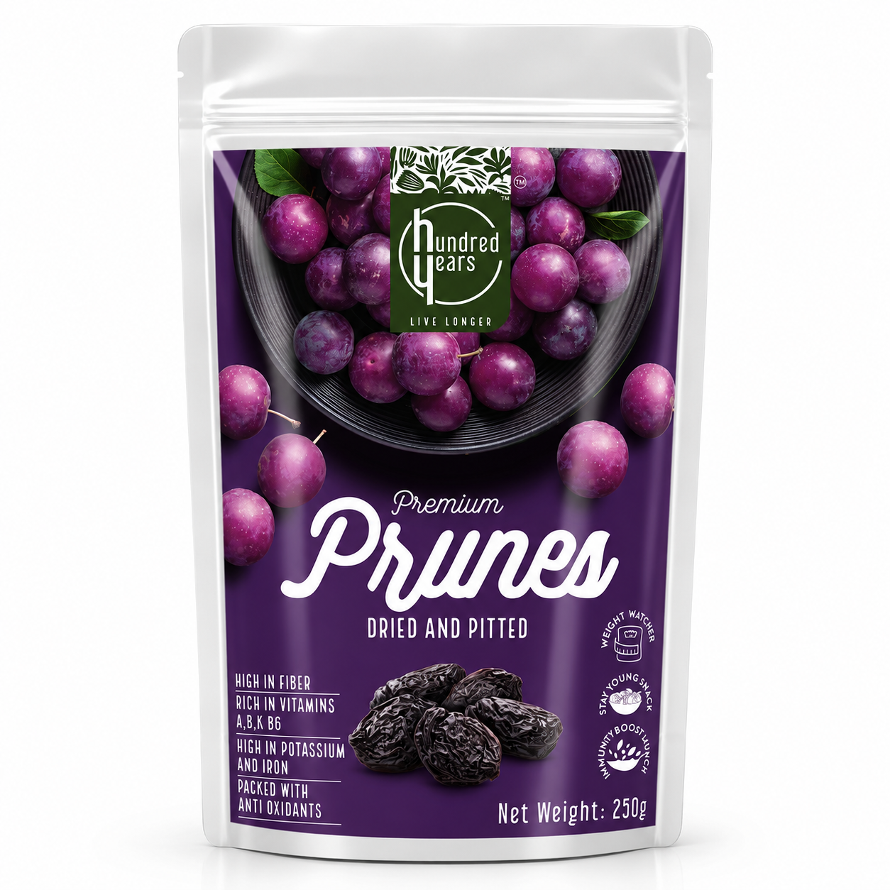 HundredYears Premium California Pitted Prunes | 250g | Superfood for Digestive Health, Bone Strength, and Overall Wellness