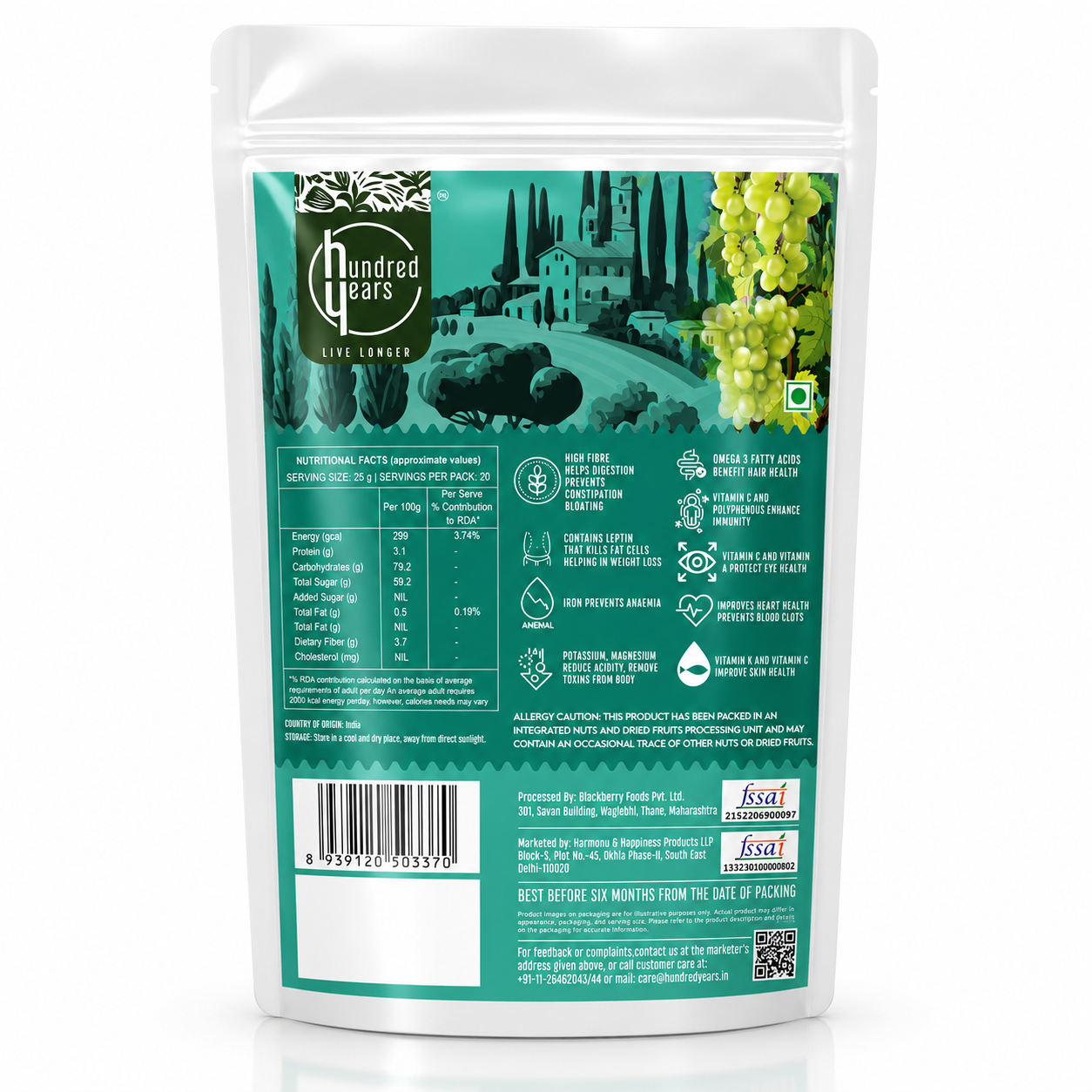 HundredYears Premium Raisins 250g | Seedless Kishmish | A Superfood for Health and Vitality
