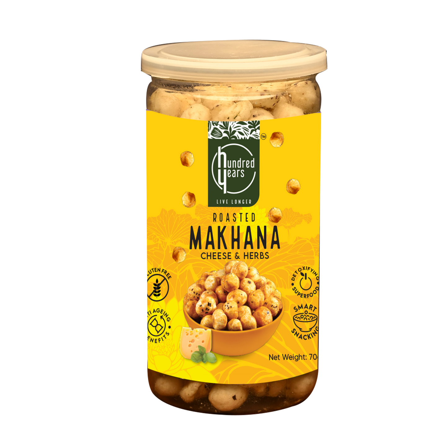 HundredYears High-Protein Makhana (Fox Nuts) 70g | Cheese & Herbs Flavored