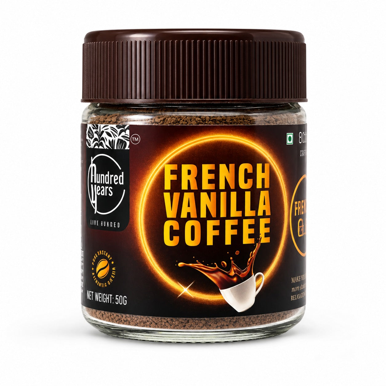 HundredYears French Vanilla Premium Gold Instant Coffee 50 gm | 100% Arabica | Makes 20 Cups